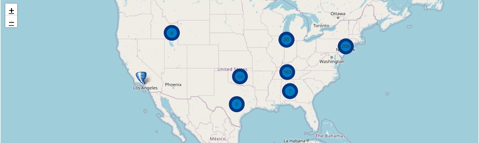 Map of the continental United States, showing icons with numbers in them in various locations. A single tornado icon is over Los Angeles.